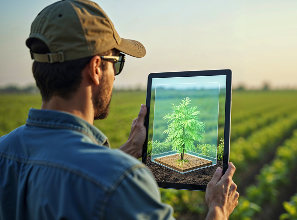 Farmer using tablet in field